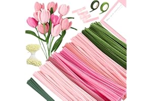 WINAROI Pfeifenreiniger Blumen Set,400 Stück Pfeifenputzer zum Basteln 4 Farben,Rosa zum Chenilledraht mit 20 Stück Grünem Bastelfaden, Geschenkband, Klebeband