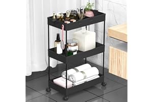 ‎SPACEKEEPER SPACEKEEPER Rollwagen mit 3 Ebenen, Nichenregal auf Rollen für Wäsche, Badezimmer, Küchenwagen mit 6 Haken und 2 Behälter, Schwarz