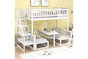 ‎FEZTOY FEZTOY Kinderbett Etagenbett mit verstellbarem Schreibtisch und Treppe, umbaubar zu einem Tisch mit Bänken,Hochbett Bettgestell, Jugendbett, Bett für Jungen und Mädchen (90x200cm&120 * 200cm)