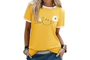 Yihelian Tshirts Women Crew Neck Top Ladies Daisy Print Short Sleeve Tee Shirt Summer Smile Letter Printed Shirts