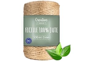 Creative Deco 100m Ficelle Jute Naturelle | Épaisseur 3mm | Deco Mariage Champetre | pour Jardinage et Bricolage | Attache Tomate | Corde Jute | Cordelette