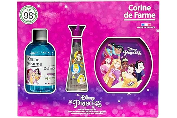 Corine de Farme - Coffret Princesses avec Eau de Toilette 30ml, Bain Moussant 300ml et Boîte à Goûter - Cadeau pour Fille - Parfum pour Enfant Senteur Fraise - Gel Fruité 3-en-1