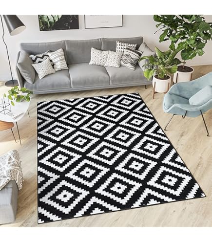 Paco Home Tapis Intérieur & Extérieur Tissé À Plat Motif Losanges Moderne Pour Terrasse Et Balcon, Dimension:120x170 Cm, Couleur:Noir-Blanc