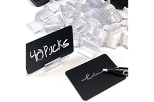 ABARNOM Pack de 40 pizarras sintéticas reutilizables + 40 bases de 25mm + rotulador tiza liquida, Porta Precios Pizarra Sintética, Pizarras para Precios, Mini Pizarras para PortaPrecios (Transparente)