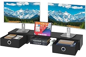 OYRREU Supporto Monitor Scrivania, Supporto 2 Monitor Rialzo Monitor da Scrivania, Supporto per Monitor con Cassetto, Supporto Schermo PC Laptop Computer Monitor Stand Accessori Scrivania (Nero)