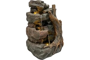 MONSTER SHOP Fontana Cascata da Esterno in Poliresina Grigia con 3 Luci LED Bianche Calde, Pompa Elettrica, Cavo da 7m – Willow Springs + Spazzola per Pulizia Inclusa