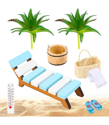 Set 5 Micro-Paysages De Plage – Parasol, Chaise Longue, Bouées – Décoration Maison De Poupée – DIY Jardin Féerique
