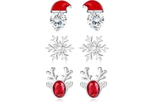 Finrezio 3 Pairs Boucles d'Oreilles Noël Boucles d'Oreilles Argent pour Femmes Filles Boucles d'oreilles Chapeau de Noël Hypoallergénique Flocon de Neige Renne Cadeau pour Anniversaire de Noël