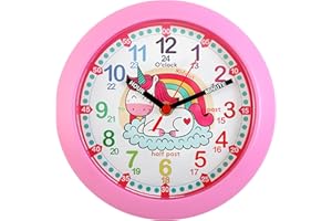 Kiddus Wall Clock for Boys and Girls. Silent Analogue Time Teacher with Exercises. Easy to Read and Learn the Time. Unicorn