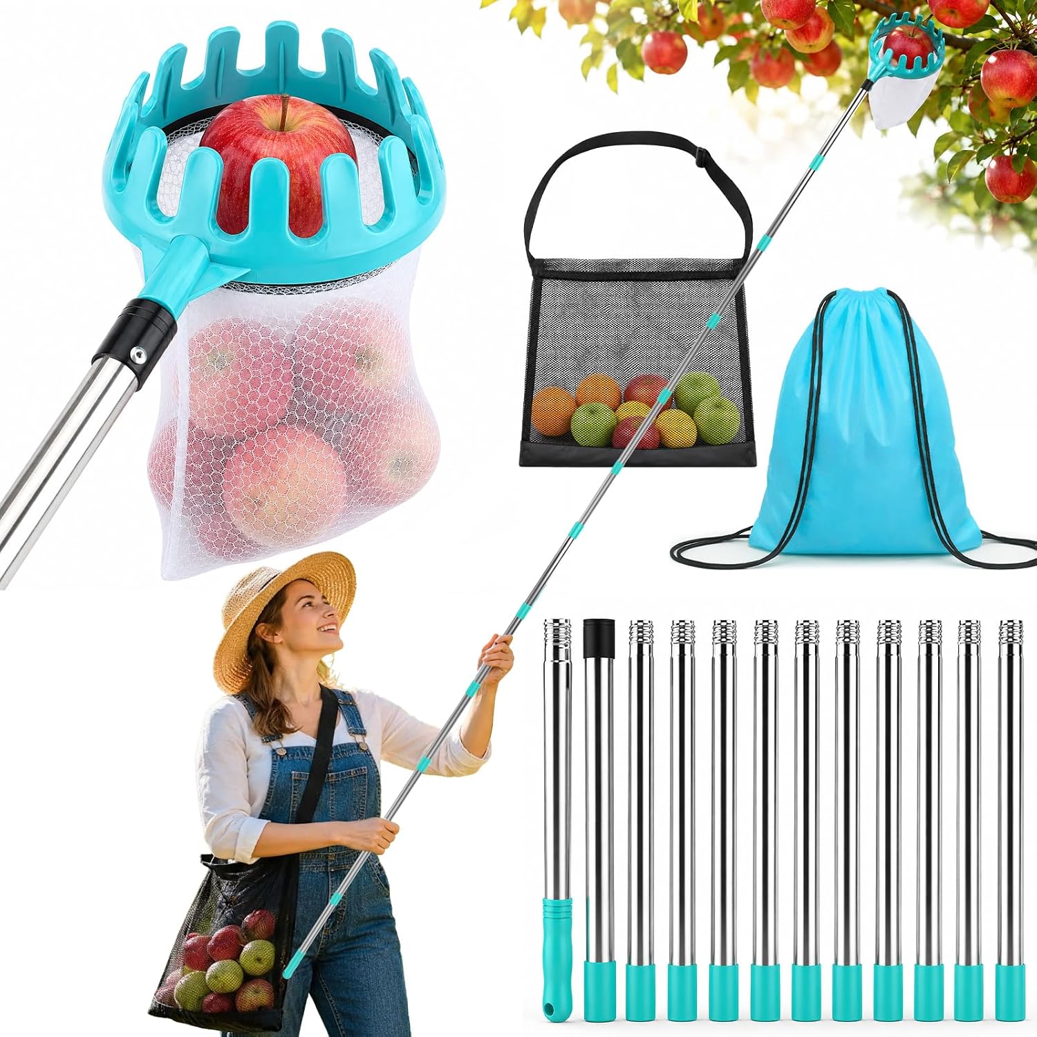 4.6M Obstpflücker Kirschenpflücker Apfelpflücker mit Teleskopstiel Ø16 cm | Durable Beobachtbar Obstpflücker für Kirschen Apfelsammler Pfirsich Pflaumenp mit Tasche Obstnetzbeutel & Aufbewahrungstasche