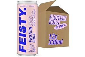 Feisty Drinks Protein Soda – Sour Cherry and Blackcurrant | 12x330ml | 10g Plant-Based Protein, Essential Amino Acids, No Artificial Ingredients, No Added Sugar, Dairy-Free, Low-Calorie