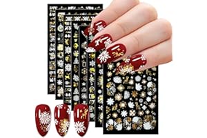 SALEEPENDENT 8 Hojas Navidad Pegatinas para Uñas,Pegatinas Uñas Decorativas,3D Nail Art Stickers,reno dorado Copo de nieve Decoraciones de Uñas de Bricolaje(Oro y Blanco)