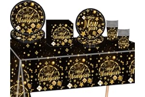 COSORO 69 piezas de vajilla de plástico para fiesta de Año Nuevo, platos de papel, servilletas y vasos, juego de vajilla de oro negro para decoración de fiesta de Año Nuevo 2025