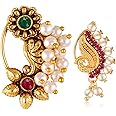 Vighnaharta Green Red CZ stone and Pearls moti Nath Nathiya./ Nose Pin for women[VFJ1180MULTI-1080RED-NTH-PRESS]