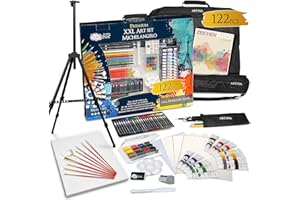 Artina Set per Pitturare XXL Michelangelo 111+11 unità: Cavalletto da campo o da tavolo, Colori acrilici, Pennelli, Pastelli, Acquerelli, Tela etc. - Kit Pittura e Disegno per adulti e bambini