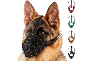 MUROM Leather Dog Muzzle German Shepherd Adjustable Breathable Doberman Dalmatian Setter Basket Medium Large Breeds Black Brown Red Green (Black, Medium)