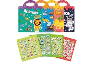 GUYUCOM 4 Pack Reusable Sticker Books, Toys for Age 3 4+ Year Old Kids Boys Girls Toddlers, 3D Clear Animal Space Vehicles Dinosaur Sticker Book Educational Learning Toy Birthday Gifts