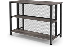 GiantexUK Liquor Bar Table, 3-Tier Wine Bar Cabinet with Storage Shelves & Adjustable Foot Pads, Metal Frame Rectangular Kitchen Table for Dining Living Room Cafe Bistro (Grey)