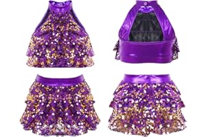 Doomiva Big Girls Modern Jazz Dance Set Sequins Crop Top with Skirts Ballet Dance Clothes Set Ballroom Dance Costume