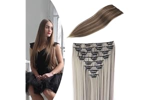 Gairyan Extensiones de Clip de Pelo Natural 60cm 8 Piezas Extensión de Cabello Liso Postizo Sintético Extensiones con Clips Cabello Rizado - Marrón claro & Rubio blanquecino