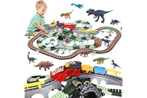 JONRRYIN Elektryczny pociąg dla dzieci, 259 sztuk, dinozaury, kolejka kolejowa, zabawka z pociągiem i samochodami autostradowymi, zestaw dla dzieci od 2-7 lat