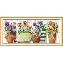 Yeesam Art Kreuzstich-Set "Blumentopf Auf Der Fensterbank" – 14 Count, 56 X 27 Cm Weiße Leinwand, Inkl. Garn & Nadeln