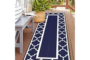 GENIMO 2.5' x 8' Outdoor Rug Waterproof for Patio Decor, Foldable Reversible Plastic Straw Area Rugs Mat for Runner Porch, Outside Carpet for Rv, Deck, Picnic, Beach, Balcony, Camper, Blue & White