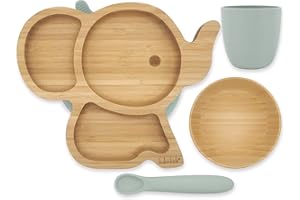 Koko Kids Ensemble de sevrage en bambou et silicone ~ assiette à ventouse éléphant, bol en bambou + tasse et cuillère en silicone (menthe)