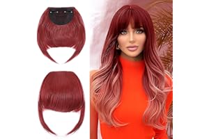 Elailite Flequillo Postizo Pelo Corto Clip Flequillos Falso (sienes 22cm) 1 Pieza 2 Clip en Postizos para Mujer # Rojo Brillante