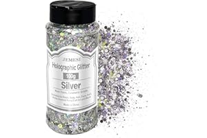 JEMESI Holograficzny duży cekiny, 100g srebrne cekiny brokatowe, cekiny na twarz, ciało, włosy, żywica epoksydowa, brokat do twarzy festiwal