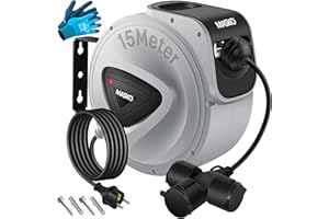 Masko Cable alargador automático de 15 m con conexión de 3 vías, giratorio 180grados, cable de alimentación de 1,5 m, soporte de pared, enrollador de cables, enrollador de cables, incluye guantes