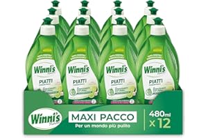 Winni's - Detersivo Piatti e Stoviglie a Mano, Lime e Fiori di Mela, Concentrato, Ipoallergenico, con Sgrassanti Naturali da Biofermentazione, Materie Prime di Origine Vegetale, 480 ml x 12 Confezioni