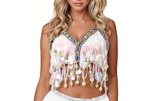 Baisdan Women Sequin Belly Dance Bra Top, Sparkly Fringe Tassel Halter Top Festival Carnival Costume