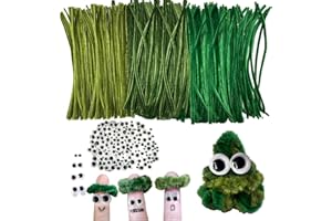 LGIFUTMAX 450 Stück 300 Pfeifenputzer zum Basteln 3 Verschiedene Grün Pfeifenreiniger Chenilledraht 30cm,150 Selbstklebende Wackelaugen,Pipe Cleaner für DIY Projekte und Basteldeko für Kinder