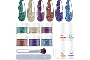 EODCI 12 Kit de poudre à Ongles, 6 Couleurs Bleu Pailleté Vert Violet Clignotant Lot de Poudre, Acrylique pour ongles avec Dipping Powder French Nails Kit, Liquide Base Top Coat, Activateur, Brush Saver