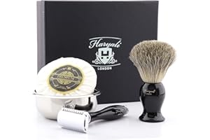 ‎HARYALI LONDON Haryali London Zestaw do golenia – 4 szt. zestaw do golenia – golarka z podwójną krawędzią – szczotka do golenia Super borsuk – mydło do golenia – miska do golenia – zestaw do golenia w kolorze czarnym