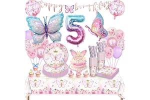 TERLUNNSI Schmetterling Partygeschirr Set, 5 Jahre Schmetterling Geburtstag Deko, Schmetterling Geburtstag Party Geschirr, Luftballons Pappteller Tischdecke für Geburtstagsdeko Mädchen Party Dekoration 16 Gäste