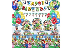 JIAJIAYI Super Mari Decorazione Festa di Compleanno Set Stoviglie,Festa Super Mari Compleanno Decorazioni,Stoviglie Festa Super Maro con Banner Piatti Tovaglioli Tovaglia Palloncini ect Party Supplies