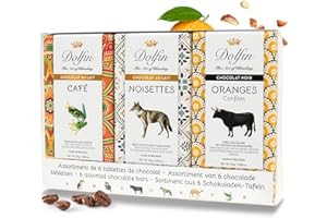 Dolfin Assortiment Chocolat Tablette "Carnet de Voyage" - 6 Pièces Chocolat Lait & Noir - Citron Gingembre, Orange Confite, Poivre Rose, Café, Noisette, Abricot - Lot Confiseries de Qualité, 180g