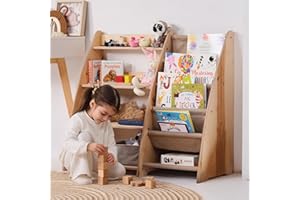 GOODEVAS Libreria per bambini, elegante libreria in legno per bambini, dal design unico, organizer per giocattoli sicura e funzionale, per camera da letto, stanza dei giochi e cameretta (beige, media)
