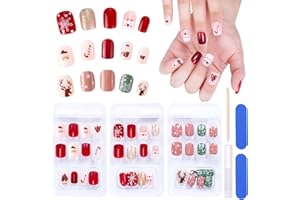 MELLIEX 72 szt. Świąteczne sztuczne paznokcie krótkie, pełne pokrycie, kwadratowe, sztuczne paznokcie, Boże Narodzenie, prasa na paznokcie, z klejem do paznokci, dla kobiet, dziewcząt, sztuka paznokci