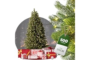 ‎BOOMDING Künstlicher Weihnachtsbaum mit Beleuchtung - [100% Spritzguss] - 210 cm hoch mit 500 LED - naturgetreuer Tannenbaum - mit integrierter Lichterkette - Christbaum mit stabilem Metallständer