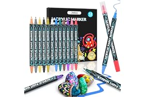 Sofore 12 Colori Pennarelli a Vernice Acrilica, Pennarelli Doppia Punta Fine 1 mm e 1-5mm Punta Pennello Pietra, Legno, Vetro, Ceramica, Plastica, Stoffa, DIY, Disegnare a Scuola