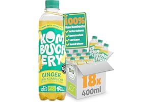 ‎KOMBUCHERY KOMBUCHERY® Ginger Raw Kombucha BIO | 18 x 400ml | Fermentierter Tee mit aktiven Darm-Kulturen | Zuckerarm & Kalorienarm | Unpasteurisiert, Probiotisch, Vegan, Testsieger | inkl. 4,5€ PFAND