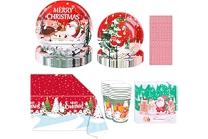 Amycute Stoviglie per Feste Natale, 98 Pezzi Forniture per Feste Natale con Piatti di Carta Natalizi Bicchieri Tovaglia Tovaglioli per Decorazioni Natalizie, Regali Natale (Stile 1)