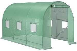 Outsunny Gewächshaus 350x200x200cm Foliengewächshaus Tomatenhaus Tür mit Moskitonetz, Fenster, Folientunnel aus verzinktem Stahl, stabiles Pflanztunnel, Treibhaus inkl. Erdanker Seilen, Grün