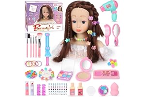 LumenVela Frisierkopf Kinder Set, 66 Stück Schminkkopf für Mädchen Waschbar, Puppenkopf Zum Frisieren Kinder mit Haarzubehör und Kosmetik Geburtstags Weihnachten Geschenke für Mädchen ab 3