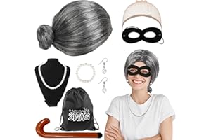 HONMOK 8Pcs Gangster Granny Wig Set Grey Old Lady Wig Burglar Grandma Fancy Dress with Mask Bag Inflatable Walking Stick Necklace Robber Costume for Carnival World Book Day Cosplay Outfit Kids Adult