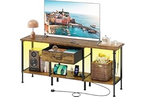 OYRREU LED TV Stand Unit for 65 55 Inch TV, Rustic TV Unit with Fabric Drawer&Power Outlet, TV Stand Cabinet for Living Room, Bedroom, Entertainment Room, TV Console Table, Industrial Wood