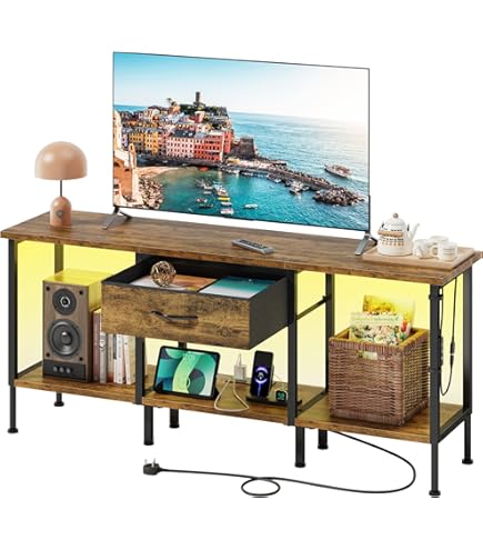 Trironsun Meuble TV rustique jusqu'à 55 pouces - Console TV avec éclairage LED - Étagère TV - 2 rangements - Tiroirs en tissu - Centre de divertissement pour chambre à coucher et